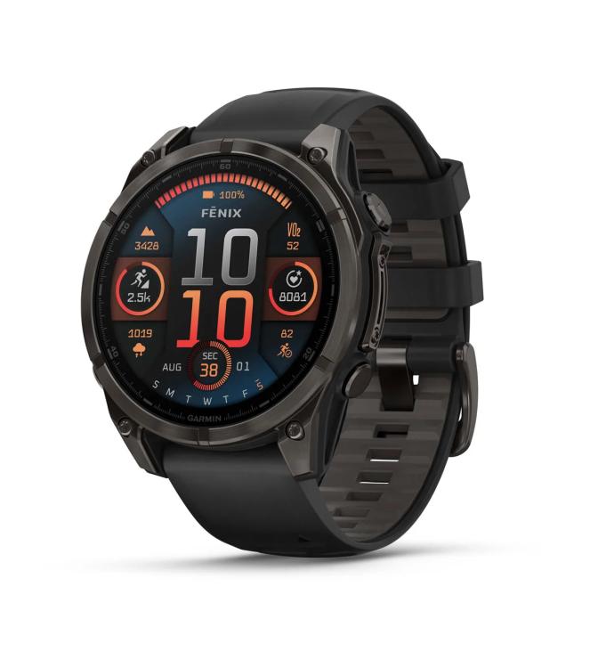 Garmin Garmin fenix 8 47 mm, AMOLED Sapphire Carbon grey DLC-tit zwarte/pebble grey siliconen band 010-02904-21 zwarte/pebble grey siliconen band Garmin orientatie 010-02904-21 licht grijs bij Leerentveldvrijetijd.nl